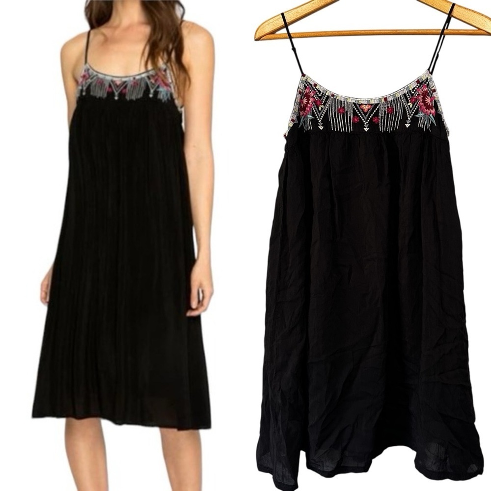 Johnny Was Black Lisa Embroidered Floral Babydoll Mini Dress XS Spaghetti Straps